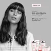A woman with long, dark hair is shown in a black and white portrait, with product bottles displayed in the lower right corner. Text overlays provide marketing information. Náhled obrázku produktu