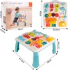 A collage of images showing a baby playing with a busy board toy and a detailed view of the toy itself, along with its dimensions. Podgląd zdjęcia produktu