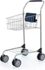 A silver toy shopping cart with a blue bag attached. Produktbild-Vorschau