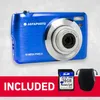 A blue digital camera with a memory card and a pouch, presented with an 'INCLUDED' overlay. Anteprima dell’immagine prodotto
