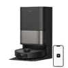 A black and gray robot vacuum cleaner with its charging station and a smartphone displaying a logo. Produktbild-Vorschau