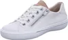 A white sneaker with a tan accent on the tongue, shown from a side angle on a white background. Produktbild-Vorschau