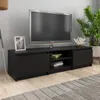 A black TV stand with a television on top, placed in a living room setting with a plant and a rug. Voir les images du produit