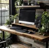 A modern home office setup with a wooden desk, computer, and plants. Podgląd zdjęcia produktu