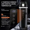 A black electric car travel mug with a digital display, shown in a car's cup holder, with diagrams and text explaining its features. Produktbild-Vorschau