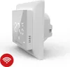 A white smart thermostat is shown plugged into a wall socket. Produktbild-Vorschau