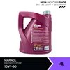 A product shot of a 4-liter bottle of Mannol Racing + Ester 10W-60 engine oil, presented on a white background with marketing text at the top and product details at the bottom. Produktbild-Vorschau