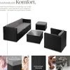A modular rattan lounge set with a coffee table and ottoman, presented with descriptive text and close-up detail shots. Náhled obrázku produktu