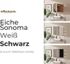 A collage of bathroom vanity images showcasing different color options and configurations, with descriptive text on the left. Produktbild-Vorschau