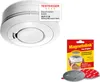 A white smoke detector is shown next to its packaging and a magnetic mounting kit. Produktbild-Vorschau