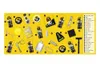 A collection of grooming and personal care items arranged on a yellow background, with a list of items on the right side. Produktbild-Vorschau