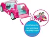 A pink Barbie convertible SUV with its trunk open, showing the interior and seats. There is a smaller inset image showing dolls in the car, and a circular graphic with text. Náhled obrázku produktu