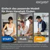 Three panels showing people in a kitchen setting, with labels START, PLUS, and PRO. Produktbild-Vorschau