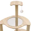 A close-up view of a multi-level cat tree with a clear bowl-shaped perch and a dangling pom-pom toy. Náhled obrázku produktu