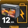 A product image of a 12V 12Ah battery with graphic overlays and text. Produktbild-Vorschau