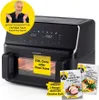 A black air fryer with promotional stickers and recipe booklets. Produktbild-Vorschau