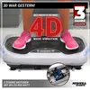 A person is standing on a white and black vibration plate with pink shoes. The background is a living room setting. Produktbild-Vorschau