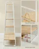 Collage of images showing a white ladder-style shelving unit with wooden shelves, and close-ups of its features like hooks and shelf height. Náhled obrázku produktu