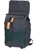 A dark gray backpack with green criss-cross straps and orange and green tags hanging from the zipper. Produktbild-Vorschau