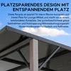 Close-up view of a pergola's roof and support post, with text overlay describing its features. Produktbild-Vorschau