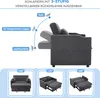 Diagram showing the adjustable backrest angles of a sofa bed, with three different configurations shown below. Podgląd zdjęcia produktu