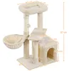 A beige cat tree with dimensions indicated by measurement lines and text. Produktbild-Vorschau