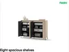 A beige and black cabinet with its doors open, displaying shelves filled with folded items and boxes. Produktbild-Vorschau