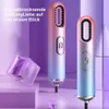 Two gradient-colored hair dryers are displayed on a purple background with decorative geometric shapes and a small sphere. Produktbild-Vorschau