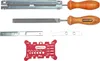 A collection of chainsaw sharpening tools, including files, a guide, and a pitch gauge, laid out against a white background. Produktbild-Vorschau