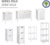 A collage of white wooden bathroom furniture from the 'Oslo' series, including storage units, a bench, and a laundry basket, with a circular logo indicating solid wood. Podgląd zdjęcia produktu