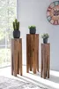 Three wooden plant stands of varying heights are arranged in a room, each holding a potted plant. A large clock is visible on the wall in the background. Náhled obrázku produktu