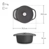 A top-down and side view of a gray cast iron pot with dimensions and capacity indicated. Produktbild-Vorschau