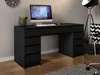 A black desk with a computer and a plant on it, in a room with a clock on the wall and a floor lamp and chair in the background. Produktbild-Vorschau