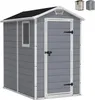 A grey plastic garden shed with a black roof and a single door and a small window. Náhľad obrázku produktu