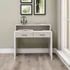 A white and light gray desk with two drawers, placed against a light gray wall with framed pictures above it. A window with vertical blinds is visible on the right. Náhled obrázku produktu