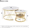 A size chart for a set of two nesting coffee tables with marble-look tops and gold metal frames. Náhľad obrázku produktu