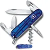A transparent blue Victorinox Swiss Army knife with its tools extended, shown against a white background. A smaller, closed version of the knife is also visible at the bottom. Produktbild-Vorschau