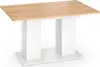A dining table with a light wood top and white pedestal legs on a white base. Voir les images du produit