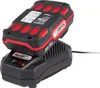 A black and red battery pack is charging on a black charging base. Produktbild-Vorschau