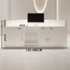 A white reception desk with a computer on top, shown in a studio setting with a light gray background and a decorative light fixture above. Produktbild-Vorschau
