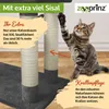 A cat is playing with a scratching post, with marketing text overlayed. Produktbild-Vorschau