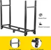 A black metal firewood rack with informational text and close-up details. Produktbild-Vorschau