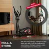 A woman is demonstrating how to move an elliptical trainer using its transport wheels. The trainer is also shown in a room setting with dimensions indicated. Produktbild-Vorschau
