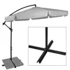 A cantilever patio umbrella with a black pole and gray canopy, shown with its base and a close-up of the base. Náhľad obrázku produktu