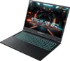 A black Gigabyte gaming laptop is shown from a diagonal angle, with its screen displaying a futuristic "GAMING" graphic. The keyboard is illuminated with a teal backlight. Produktbild-Vorschau