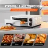 A countertop electric pizza oven is shown with a pizza inside and another pizza next to it. Below are four smaller images showcasing different foods that can be prepared in the oven: pizza, steak, toast, and chicken wings. Produktbild-Vorschau
