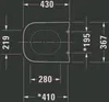 A top-down technical drawing of a toilet seat with dimensions indicated. Produktbild-Vorschau