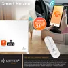 Collage showing a white heater, a smartphone displaying temperature control, and a remote control, with marketing text overlays. Produktbild-Vorschau