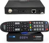 A black satellite receiver and its remote control are displayed against a white background. Produktbild-Vorschau