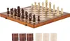 A wooden chess set with pieces arranged on the board, and checker pieces below. Náhled obrázku produktu